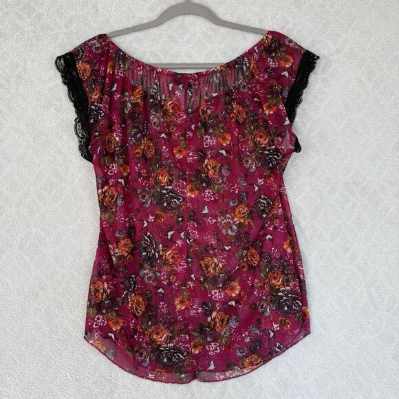 Vtg Y2K Mesh Peasant Top Womens Medium Pink Floral Shirt Fairy Grunge Boho 90s - Picture 5 of 9